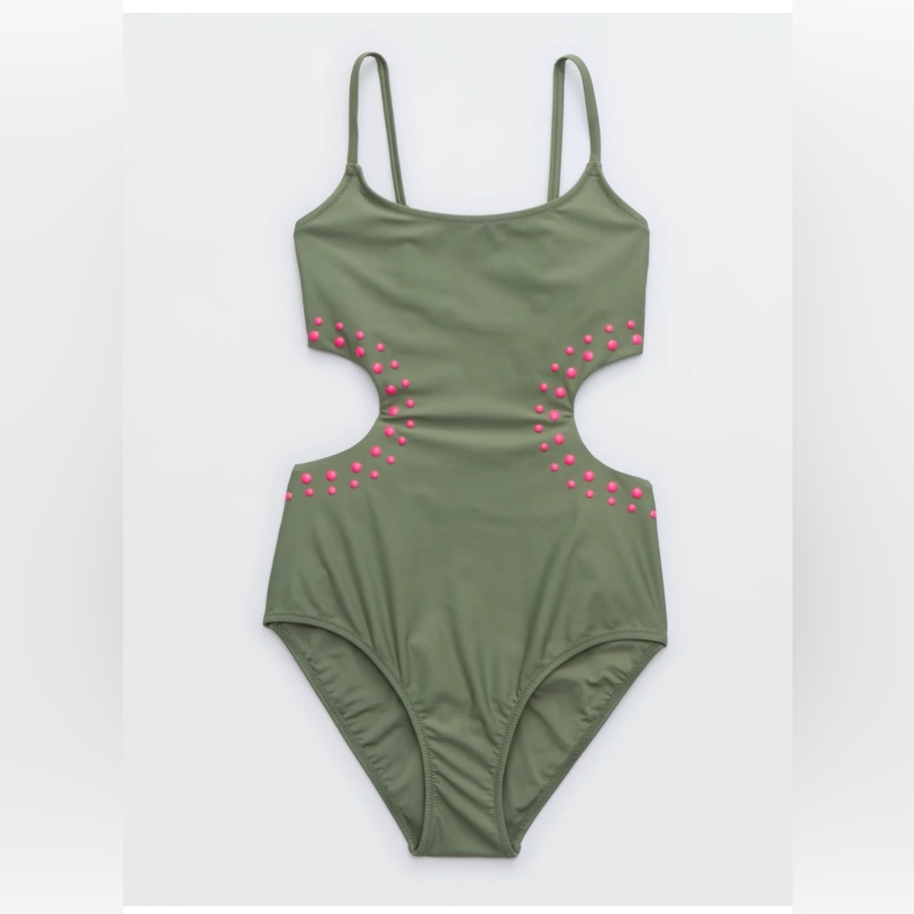 Aerie green Swimsuit with Pink Accents